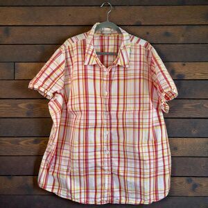 Woman Within White Pink Yellow Plaid Button-Up Cap Sleeve Casual Top 30/32 (3X)